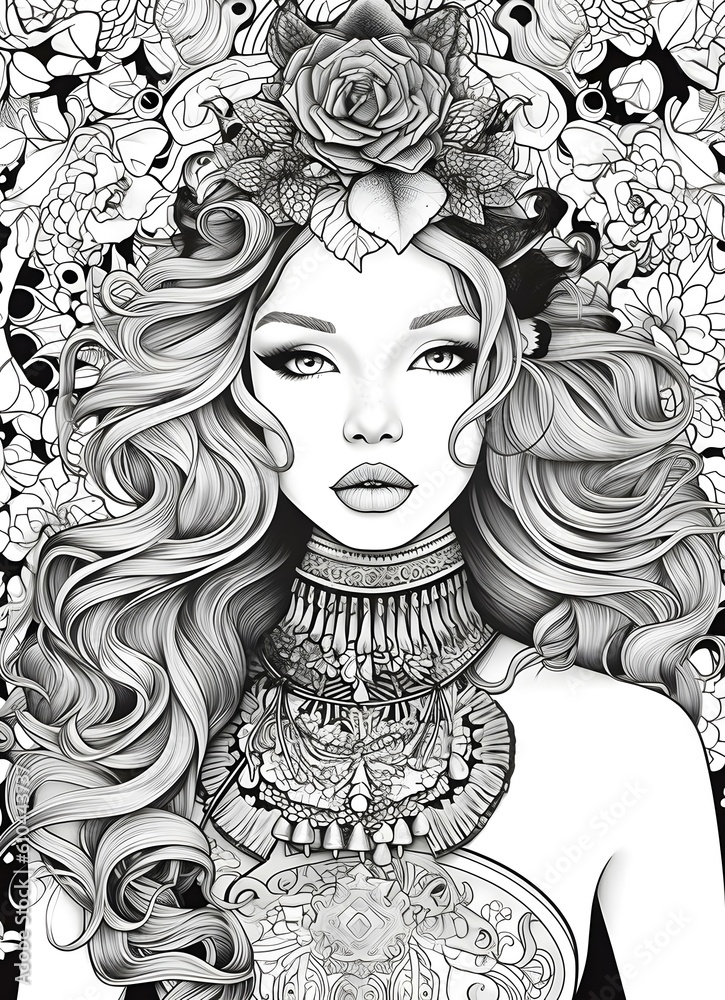 black and white coloring page of transgender women fashion. detailed
