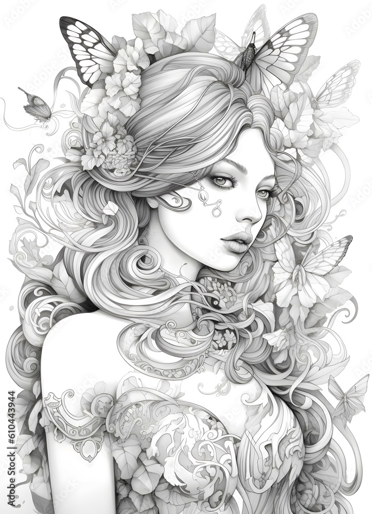 black and white coloring page of transgender women fashion. detailed