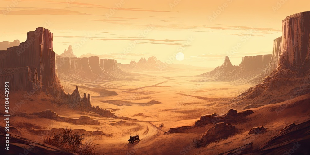 Vast Desert Landscape with rugged canyons, tumbleweeds, and old western towns  Generative AI Digital Illustration Part#070623 