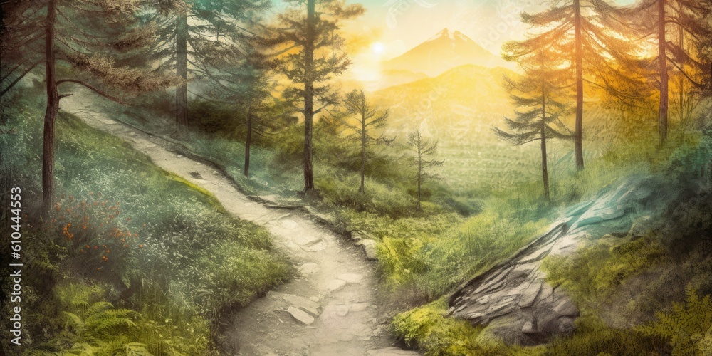Serene Mountain Path with Winding Trail, Towering Trees, and Glimpses of Sunlight  Generative AI Digital Illustration Part#070623 