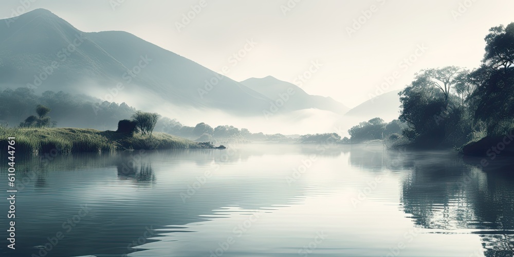 Tranquil Yoga and Mindfulness Landscape: Reflective Lake, Majestic Mountains, and Misty Atmosphere  Generative AI Digital Illustration Part#070623 