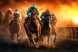 Group of jockeys racing on a track full of horses