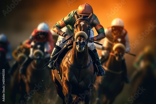 Group of jockeys racing on a track full of horses © Photo And Art Panda
