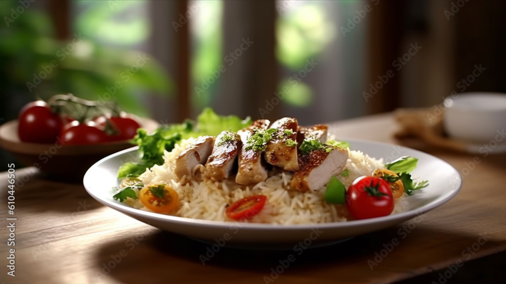 Grilled chicken teriyaki rice on a restaurant background Grilled chicken teriyaki rice on a restaurant background