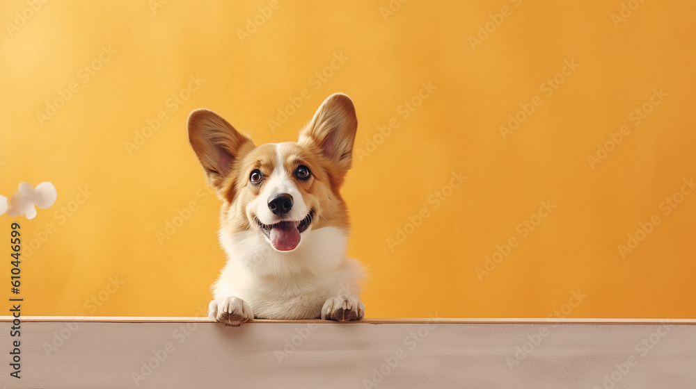 a cute Corgi sitting in front of an empty poster with room for text, light yellow background a cute Corgi sitting in front of an empty poster with room for text, light yellow background