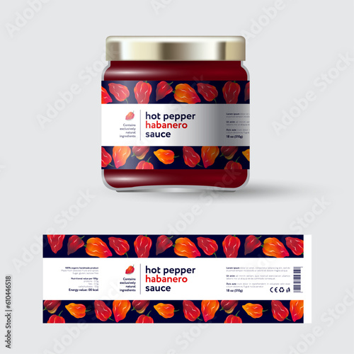 Hot Pepper Sauce label and packaging. Glass jar template with cap and label. Logo of Sauce and background with seamless pattern.