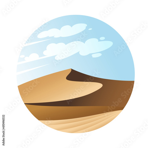 Desert landscape in a round frame. Flat illustration with sand dunes and clouds.
