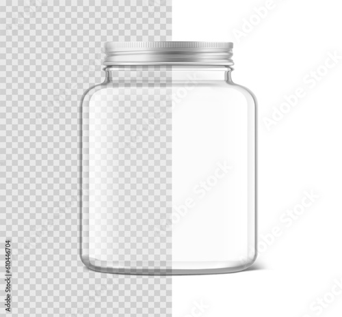 Realistic clear glass jar mockup. Vector illustration isolated on transparent background. Can be use for your design, advertising, promo and etc. EPS10. 