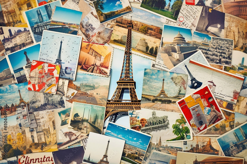 Travel Collage Made of Paris France Tourist Post Cards. Generative ai