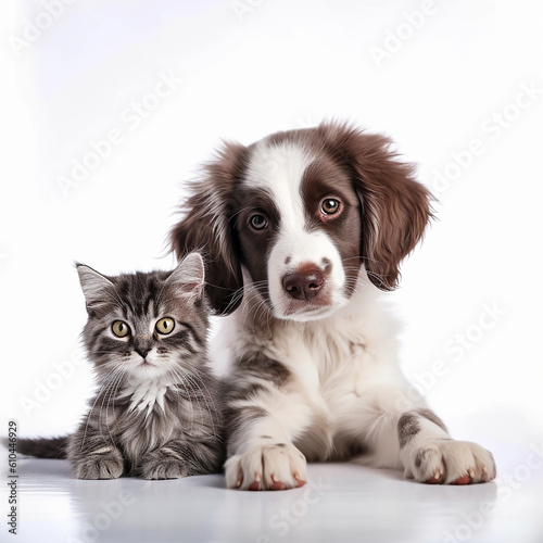 Cute cat and dog together on white background. Best friends 