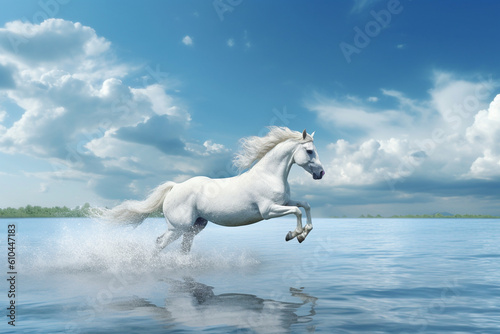 Beautiful White Horse Running with Blue Sky in Background. Generative ai © Anna Hoychuk