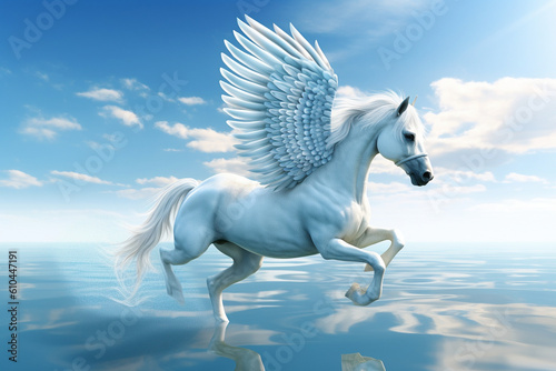 Beautiful Flying White Horse Running with Blue Sky in Background. Generative ai
