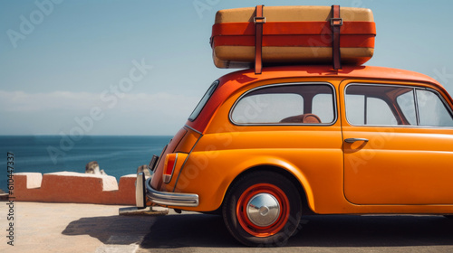 Car with luggage ready for summer holidays. Created with Generative AI technology.