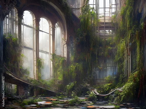the interior of a large abandoned ruined old castle or hall building with plants growing up the walls and rubble. generative ai