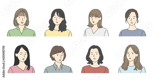 ネガティブな顔の女性アイコンセット