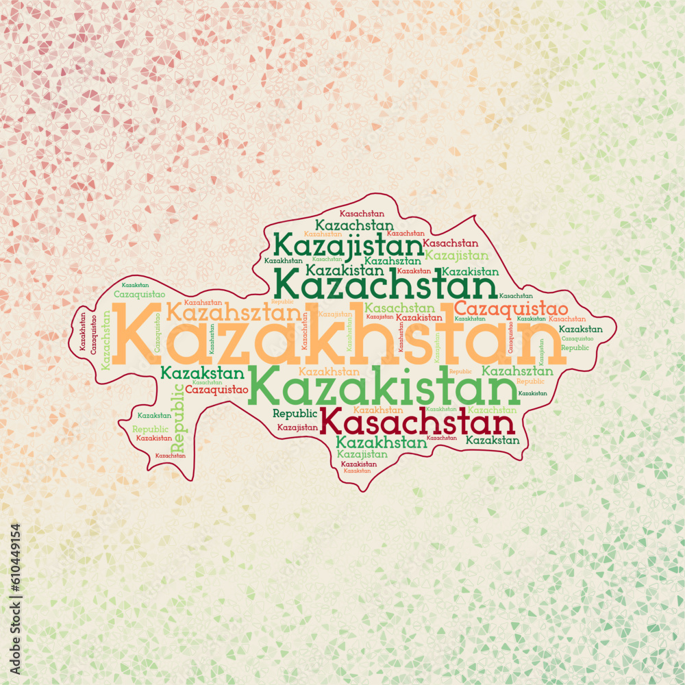 Kazakhstan shape whith country names word cloud in multiple languages. Kazakhstan border map on authentic triangles scattered around. Classy vector illustration.
