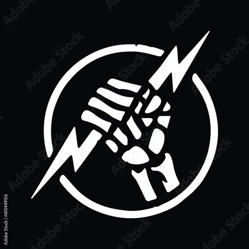 Skeleton human hand holding lightning bolt in monochrome illustration style