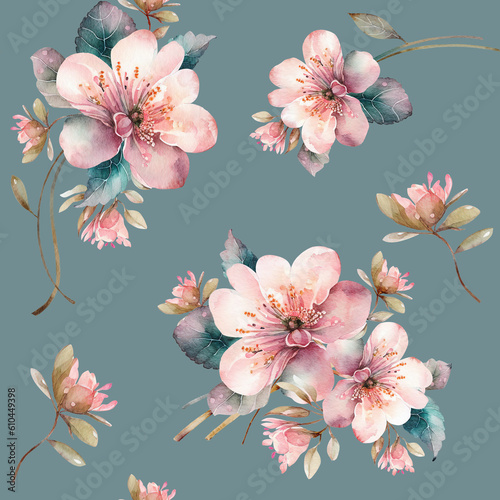 Seamless pattern with watercolor large pink flowers, hand painted on a green background.