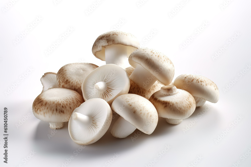 White button mushrooms isolated on white background generative ai