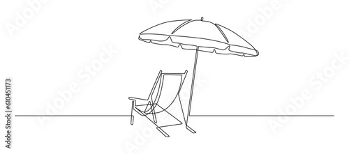 Beach umbrella and chair in one continuous line drawing. Concept of holiday summer and vacation in paradise landscape and seaside in simple linear style. Editable stroke. Doodle vector illustration