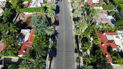 Aerial Tilt Up Shot Of Vehicles On Road Amidst Trees Against Blue Sky, Drone Flying Over Houses In Suburb On Sunny Day - Beverly Hills, California