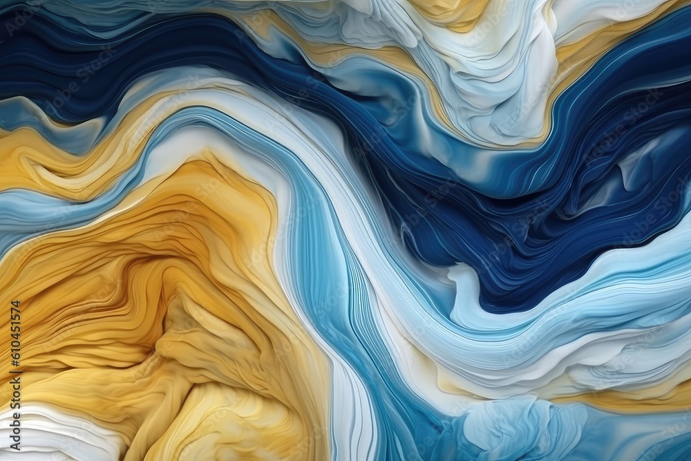 Fototapeta premium a colorful abstract design on a black background, in the style of dark azure and gold, wavy resin sheets, dark white and dark blue, surreal 3d landscapes, abstraction-création, bold yet graceful a col