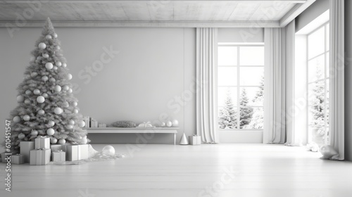 Christmas tree in the room. Decorated festive tree in a minimalist white interior. Generative AI 