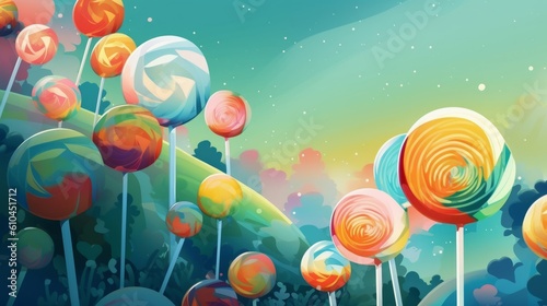 Sweet Lollipops Candy Cartoon Horizontal Background Illustration. Sweet Dessert From Confectionery. Ai Generated drawing Background Illustration with Delicious Flavory Lollipops Candy. Generative AI photo