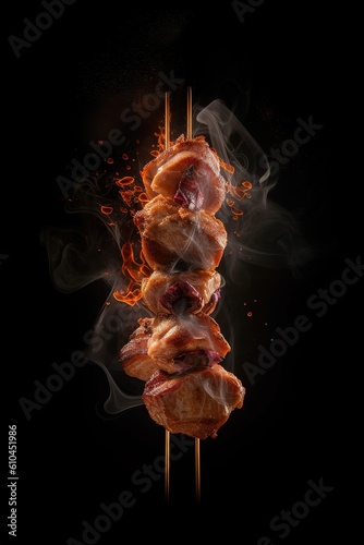 meat skewer floating with fire isolated on black background with smoke