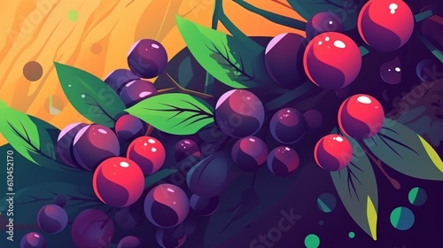 Fresh Organic Acai Berry Cartoon Horizontal Background Illustration. Healthy Vegetarian Diet. Ai Generated Drawning Background Illustration with Delicious Juicy Acai Berry. Generative AI