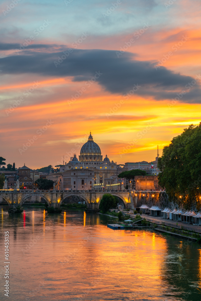 St. Peter's basilica at sunset in Rome, Italy