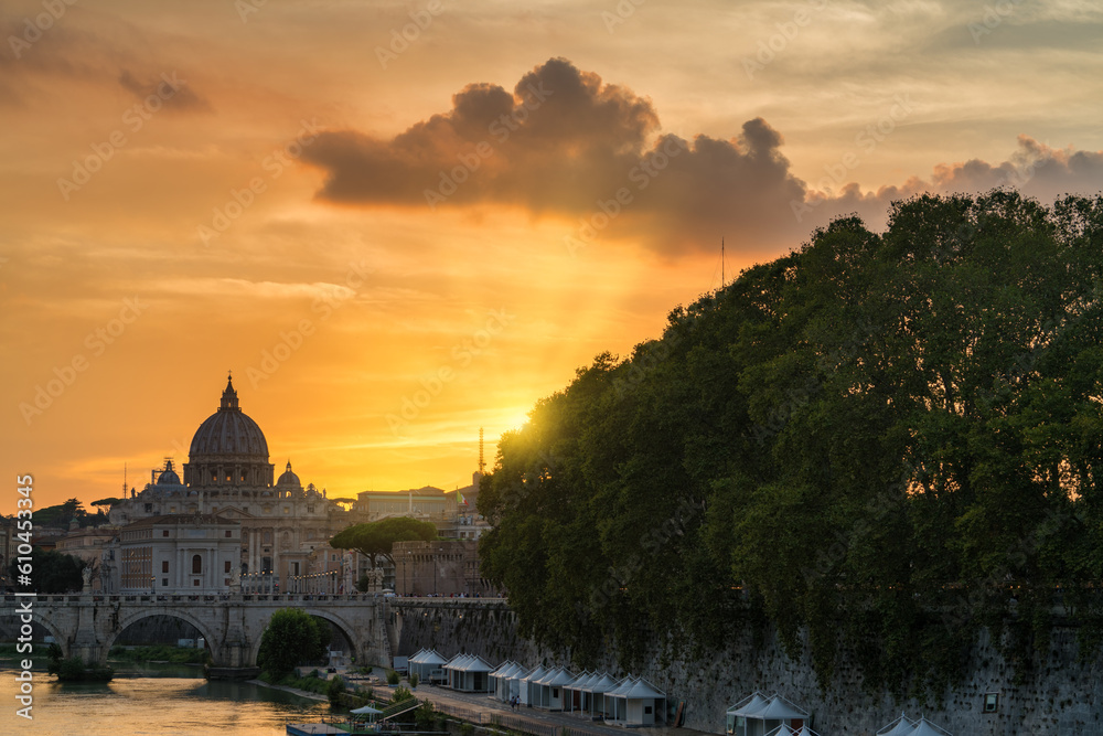 St. Peter's basilica at sunset in Rome, Italy