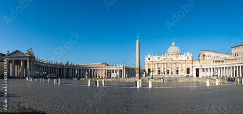 Panoramic view of Saint Peter's Basilica and square in morning light. Vatican, Italy
