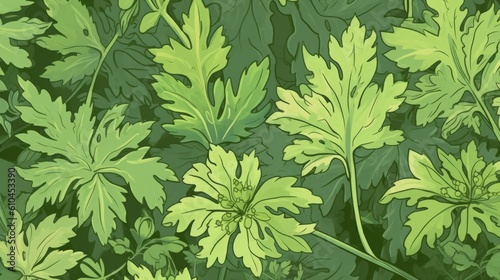 Aromatic Lovage Herbs Cartoon Horizontal Background Illustration. Healthy Vegetarian Diet. Ai Generated drawing Background Illustration with Delicious Aromatic Lovage Herbs. Generative AI