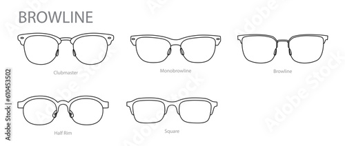 Set of Browline frame glasses fashion accessory illustration. Sunglass front view for Men, women, unisex silhouette style, flat rim spectacles eyeglasses with lens sketch style outline isolated