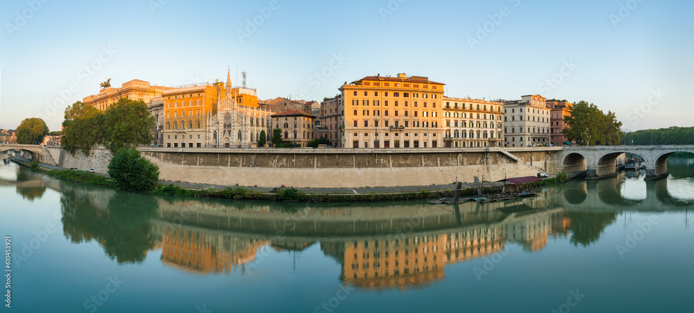 Fototapeta premium Tiber river canal panorama with Church of the Sacred Heart of Jesus in Rome, Italy