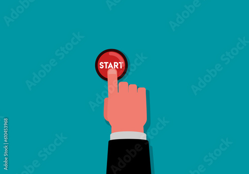 Hand pressing a start button flat vector illustration. 