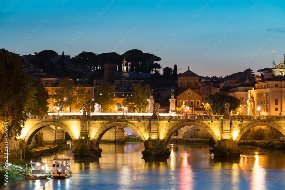 Sant Angelo bridge at sunset in Rome. Italy