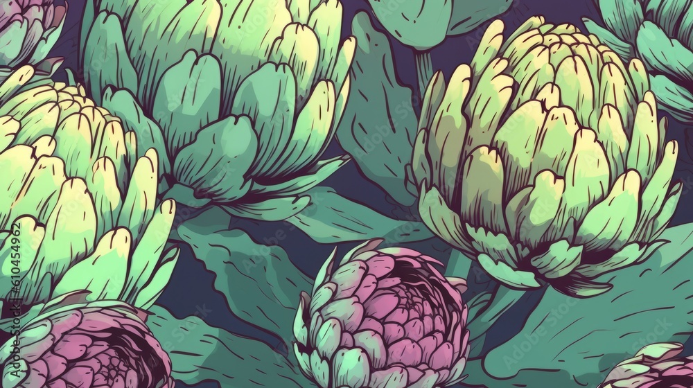 Fototapeta premium Fresh Organic Artichoke Vegetable Cartoon Horizontal Background Illustration. Healthy Vegetarian Diet. Ai Generated drawing Background Illustration with Delicious Juicy Artichoke Generative AI