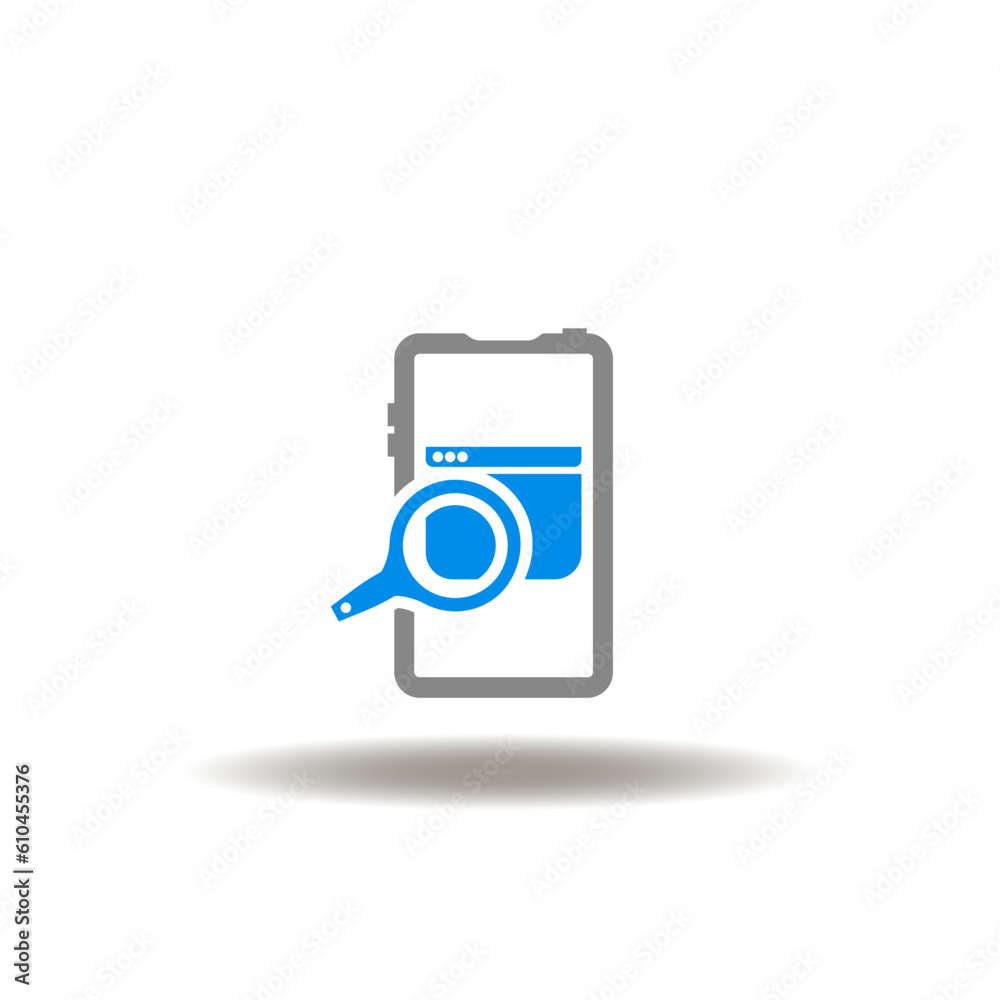 Vector illustration of smartphone with magnifier and web page. Icon of CMS Content Management System. Symbol of mobile web search. Vector illustration of smartphone with magnifier and web page. Icon of CMS Content Management System. Symbol of mobile web search.