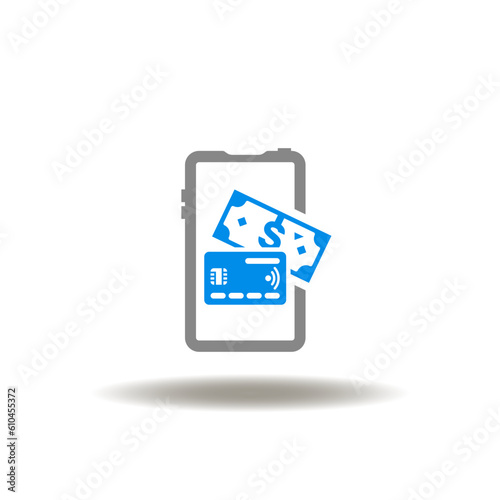 Vector illustration of smartphone with credit card and dollar banknote. Icon of mobile payment, banking. Symbol of payment by phone.