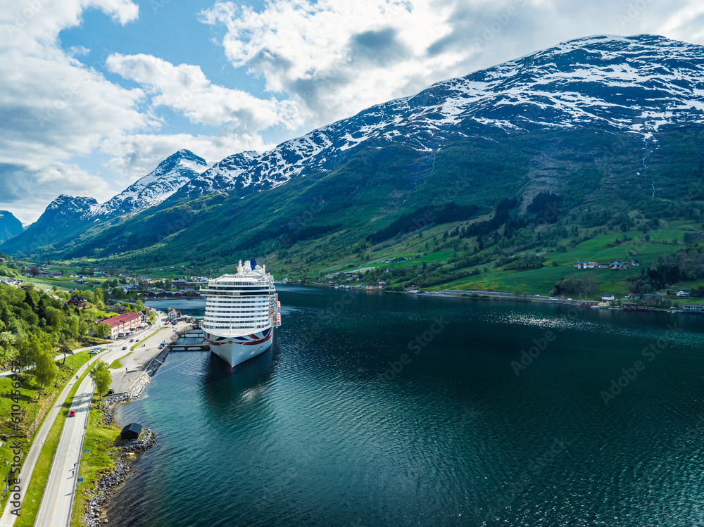 IONA PandO CRUISES from a drone, Olden, Innvikfjorden, Norway