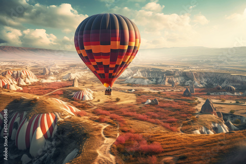 A hot air balloon soars peacefully over a stunning desert landscape at sunrise.