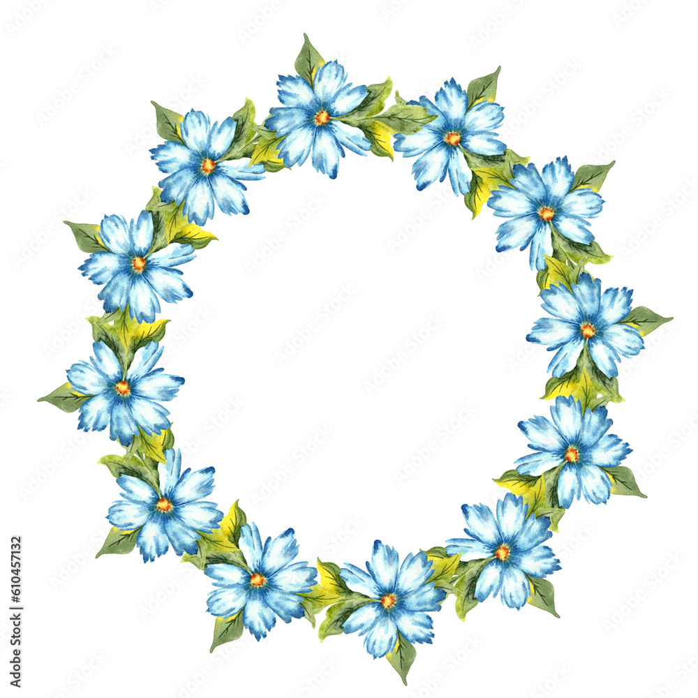 Watercolor illustration of a wreath of blue flowers with buds. Colors indigo, cobalt, sky blue and classic blue. Great pattern for kitchen, home decor, stationery, wedding invitations and clothes.