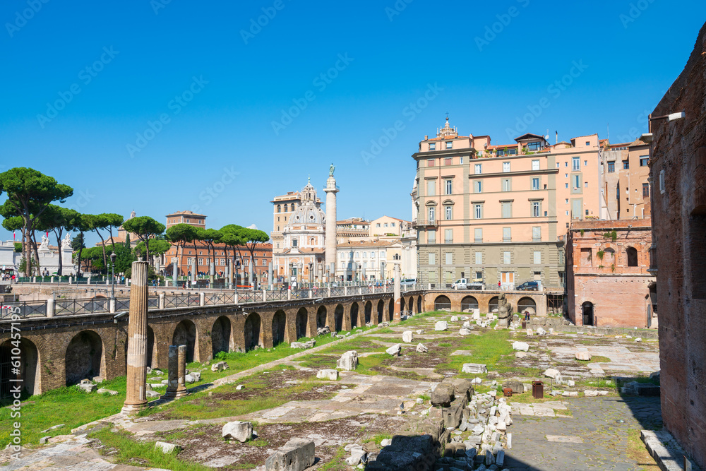 Roman forum and The Church of the Most Holy Name of Mary at the Trajan Forum in Rome, Italy