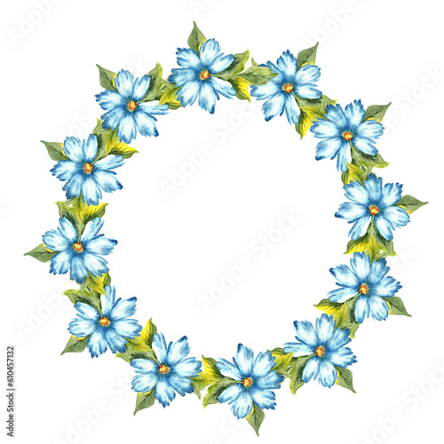 Watercolor illustration of a wreath of blue flowers with buds. Colors indigo, cobalt, sky blue and classic blue. Great pattern for kitchen, home decor, stationery, wedding invitations and clothes.