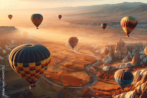 A hot air balloon soars peacefully over a stunning desert landscape at sunrise.
