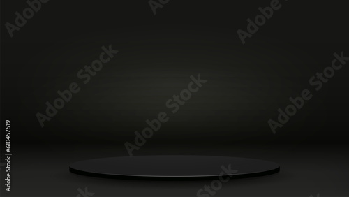 An empty black podium with smoke on the floor in the room. Dark background with a platform for cosmetics.