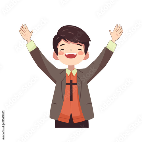 Christian worship young man silhouette lifting hand vector illustration