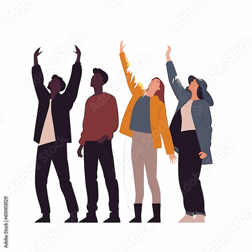 Christian worship young people silhouette lifting hand vector illustration